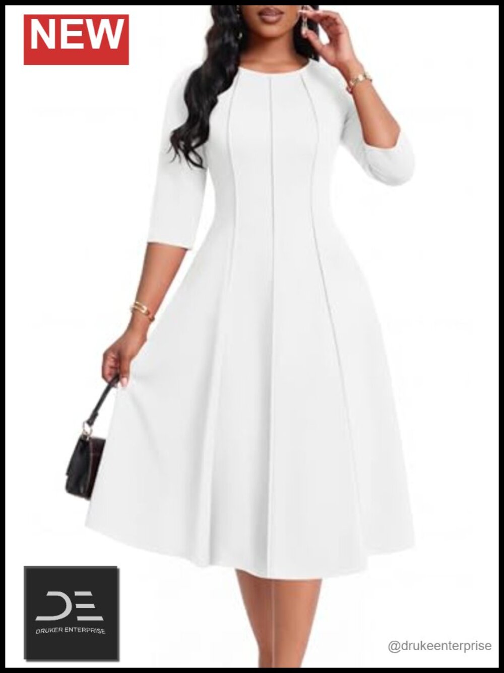 Womens 3/4 Sleeve Fit and Flare Midi Dress with Pockets Semi Formal